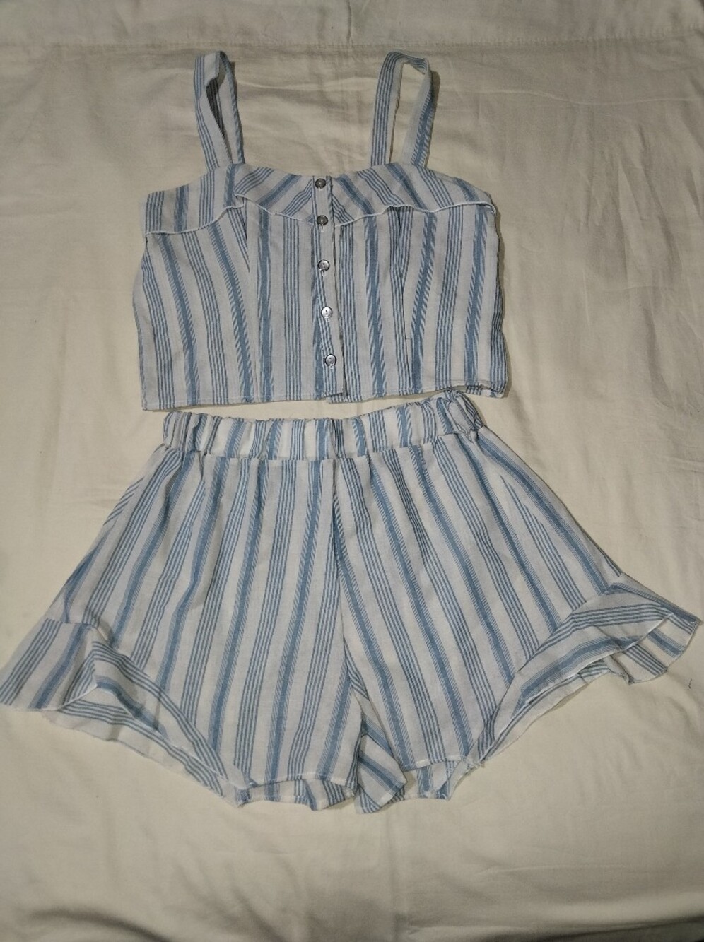 Striped Blue and White Elastic-Waist Shorts And Crop Top- Summer Stripe